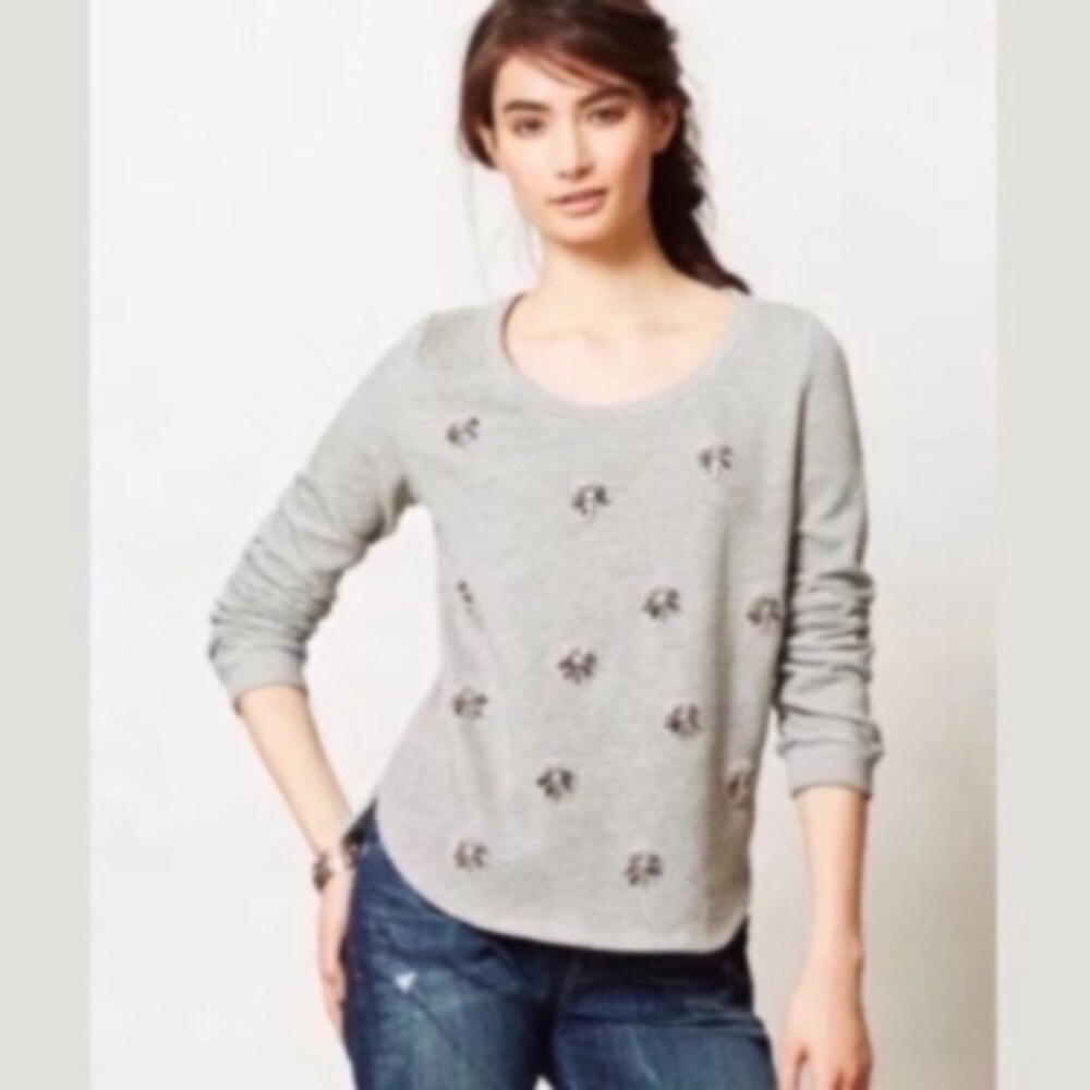 Anthropologie Lilka Gray Gem Embellished Sweatshirt Top Women’s Sz Small